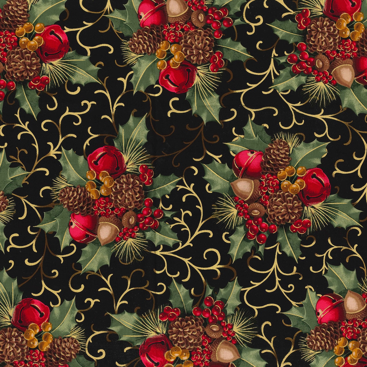 Fabric Traditions Christmas Black Berries & Bells Glitter Cotton Fabric